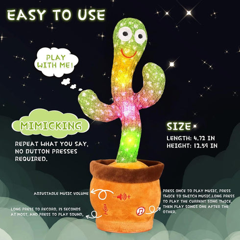 Dancing Cactus, Talking Cactus Toy, Dancing Cactus Mimicking Toy, Repeating and Recording What You Say, Cactus Baby Toy with LED, Repeat, Dance, R...