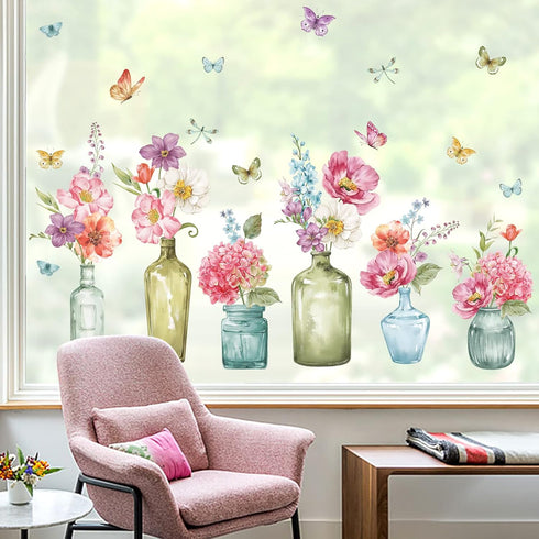 wondever Spring Flowers Window Clings Floral in Jars Butterflies Glass Sticker Decal Anti Collision Double-Side Static Window Decals for Home Glas...