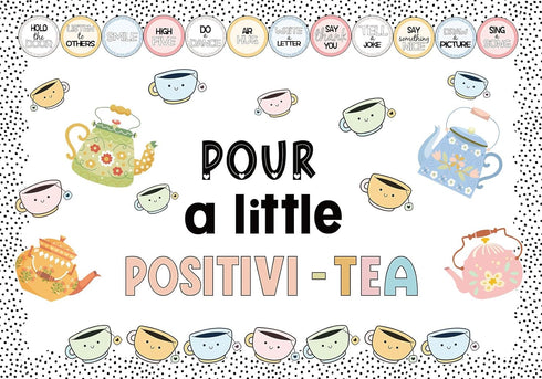 94Pcs Positivi-Tea Bulletin Board Set Motivational Paper Cutouts with 200Pcs Glue Points Kettle Teacup Bulletin Border Stickers for Classroom Offi...