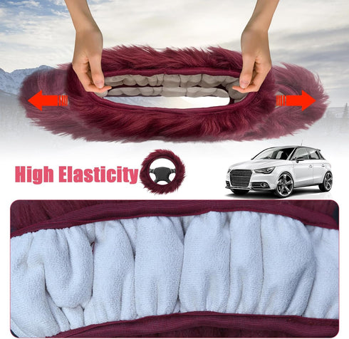 3pcs Fluffy Wine Red Steering Wheel Cover, Fashion Fuzzy Plush Car Steering Wheel Cover with Handbrake Cover & Gear Shift Cover Winter Fur Warm Ve...