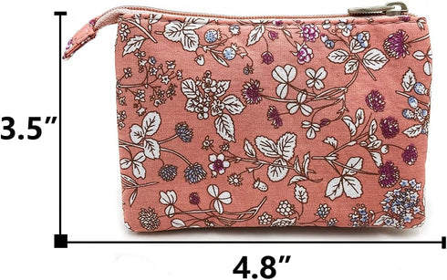 Women Small Zipper Coin Purse - Handmade Fabric Flower Embroidered Change Pouch - Cotton Double Zipper Wallet...
