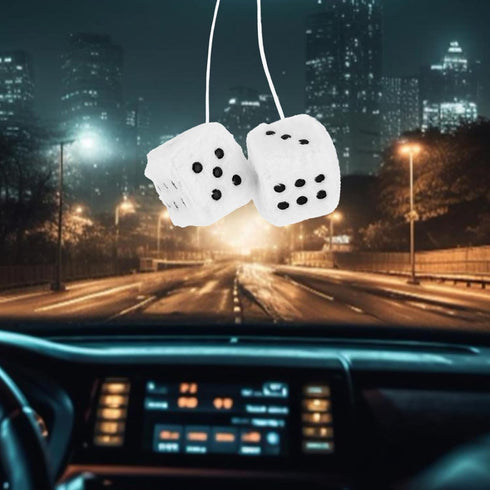 Fuzzy Plush Dice for Car Mirror 2.36” Pair of Retro Square Decoration Dice with White Dots Car Interior Hanging Ornament Decoration(White)...