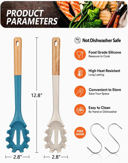 Silicone Pasta Fork, Kitchen Heat Resistant Noodle Spoon Server, BPA Free Spaghetti Strainer,12.8 inch (Khaki & Blue)...