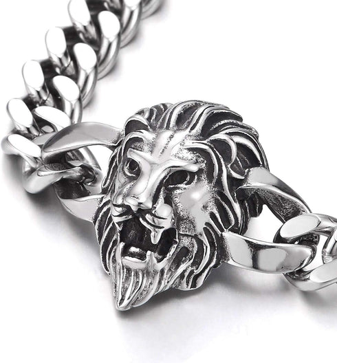 COOLSTEELANDBEYOND Heavy and Study Mens Biker Stainless Steel Lion Head Curb Chain Bracelet, Polished, Punk Rock...