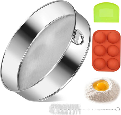 Flour Sifter Tamis 8 Inch Flour Sieve 60 Mesh Stainless Steel Flour Sifter for Baking Cake Bread with Dough Scraper,Flour Sieve, Sieve Fine Mesh,B...