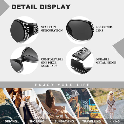 HAOLOTA Polarized Sunglasses for Women, Rhinestone Wrap Around Sunglasses with UV400 Protection...