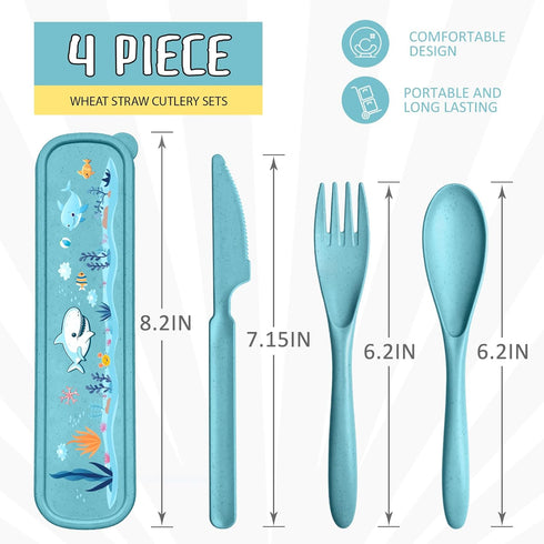 Teivio Plastic Wheat Straw Portable Travel Utensils Set for Kids, Reusable Flatware-Forks Spoons Knives for School Camping with Cute Whales Patter...