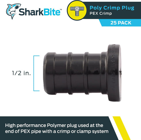SharkBite 1/2 Inch Poly Crimp Plug, Pack of 25, PEX Pipe, PE-RT, UP514...