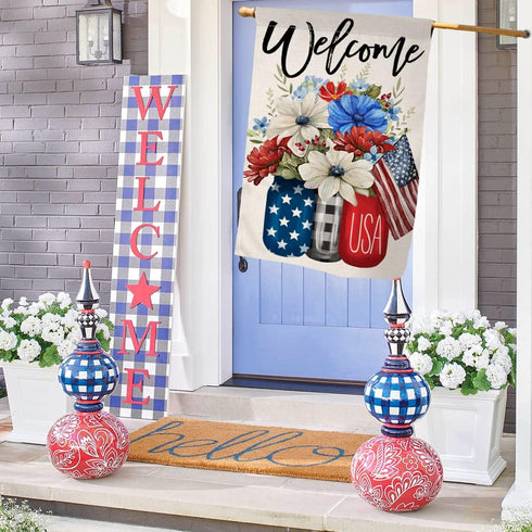 4th of July Floral House Flag 28 x 40 Vertical Double Sided Patriotic Mason Jar Flowers Red Blue Memorial Day Independence Day Holiday Outside Dec...