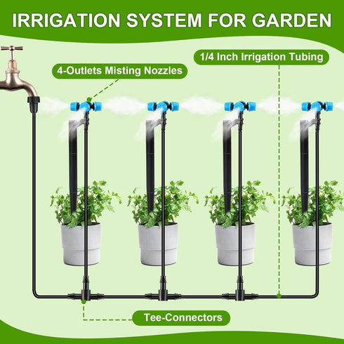 24 Pcs Drip Irrigation System Kits for Garden, 1/4" Irrigation Tubing 4-Outlet Misting Nozzle and Tee-connectors for Plant Flower Raised Bed Lawn ...