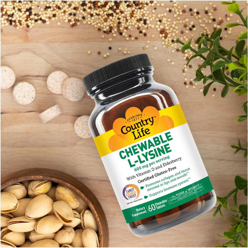 Country Life Chewable L-Lysine Supplement with Vitamin D and Elderberry, Immune Support and Collagen Renewal for Skin Tissue, Ideal for Adults...
