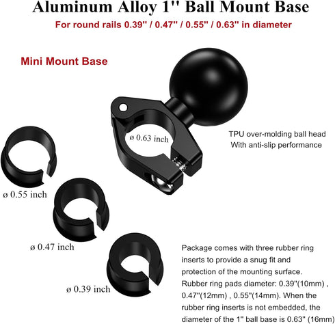 BRCOVAN Aluminum Alloy Mini Mount Base with 1'' TPU Ball for Rails Diameter 0.39'' 0.47'' 0.55'' 0.63'', Compatible with RAM Mounts B Size 1 Inch ...