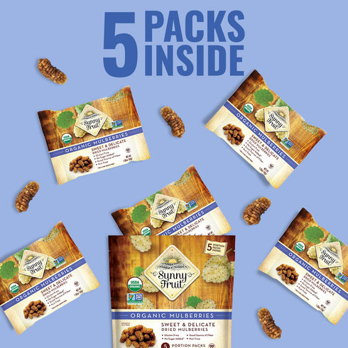 Sunny Fruit Soft Organic Turkish Dried Mulberries - 1 Bag (5 Individual Portion Packs) | No Preservatives, No Sugar Added | Healthy, Convenient Su...