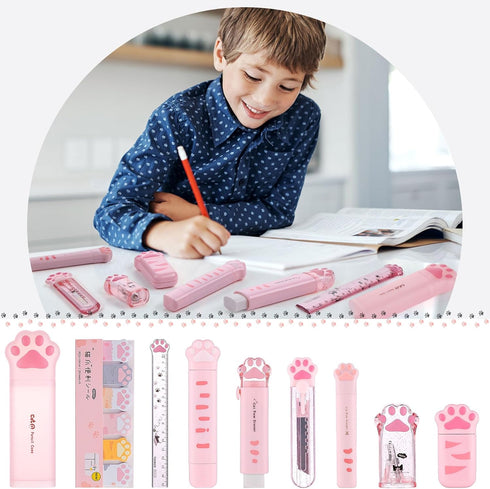 9 Pcs Cute Cat Paw Stationery Set Kawaii School Supplies Including Pencil Sharpener Retractable Eraser Correction Tape Sticky Notes Ruler Mini Sci...
