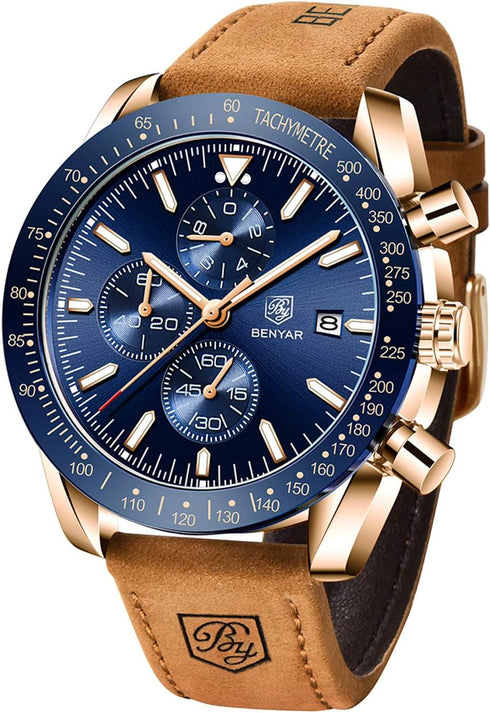 BENYAR Mens Watches Quartz Chronograph Business Luxury Brand Waterproof Wristwatches Fashion Brown Leather Watches for Men...