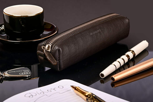 Italy Zippered Fountain Ballpoint Rollerball Pens and Pencils Case Holder Pouch Genuine Full Grain Soft Nappa Leather (Nappa Brown)...