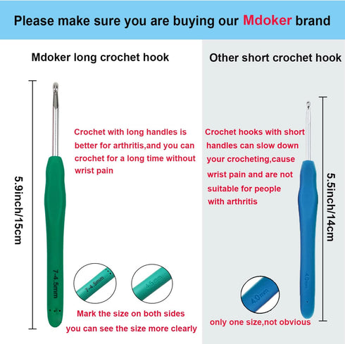 Mdoker Extra Long Crochet Hooks,Ergonomic Grip Soft Handles for Handmade DIY Crocheting,Crochet Hook Needles for Arthritic Hands,Size I/9(5.5MM).....