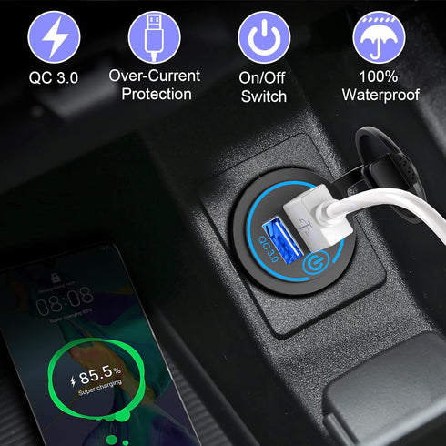 Qidoe 36W Dual QC3.0 USB Power Charger Socket, Waterproof 12V USB Outlet with Touch Switch Car USB Port for RV Motorcycle Boat Marine Truck Golf C...