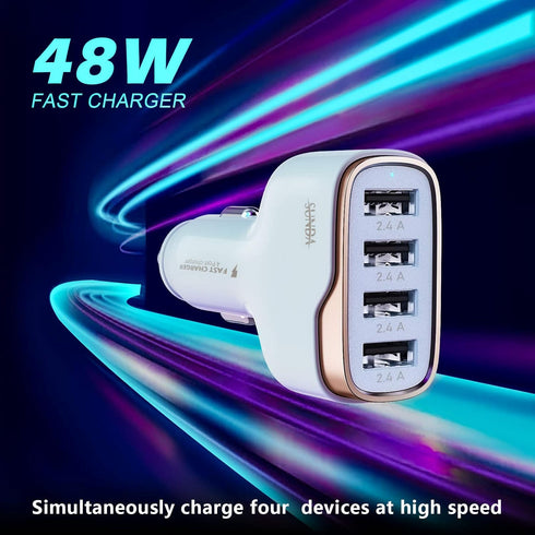 SUNDA 48W/9.6A USB Fast Car Charger, 4-Ports Car Charger Adapter for Apple and Android Smart-Phones, Car Phone Smart Charger Compatible with iPhon...