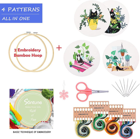 Santune 4pcs Embroidery Kit with Cat and Plant Patterns, Instructions for Beginners Cross Stitch Kits for Adults,2 Embroidery Hoops,Color Threads ...