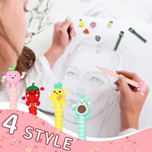 Chinco 24 Pieces Mechanical Pencil Cute Mechanical Pencils with Fruit Erasers and Pencil Refills Pastel Mechanical Pencils Colorful Pencil with Fu...