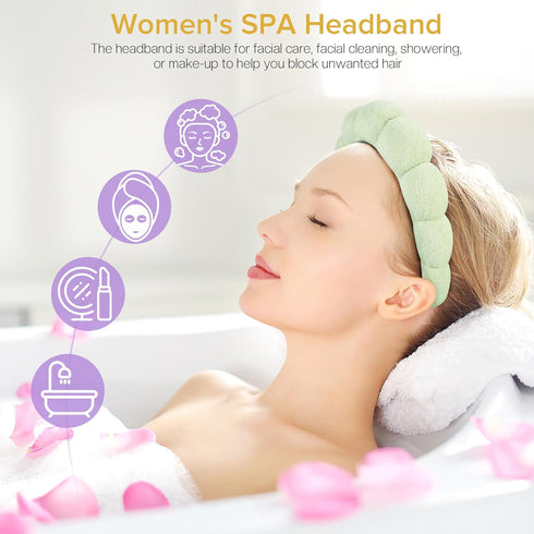 Spa Headbands for Women Ladies- Puffy Makeup Headband Combo Pack- Set of 2 Terry Towel Cloth Fabric Hair Bands for Washing Face(white+light green)...