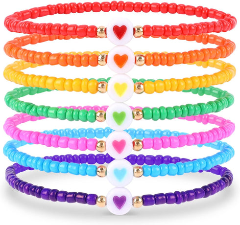 Colorful Beaded Bracelets for Women Glass Seed Beads Stackable Heart Beads Rainbow Stretch Friendship Bracelets Elastic Heishi Surfer Bracelets Se...