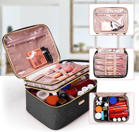Large Travel Makeup Bag - Double-Layer Cosmetic Organizer for Brushes and Toiletry Essentials, Ideal for Women...