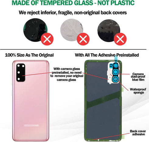 Galaxy S20 Rear Back Glass Replacement with Pre-Installed Camera Lens + All The Adhesive + Installation Manual + Repair Tool Kit for Samsung Galax...