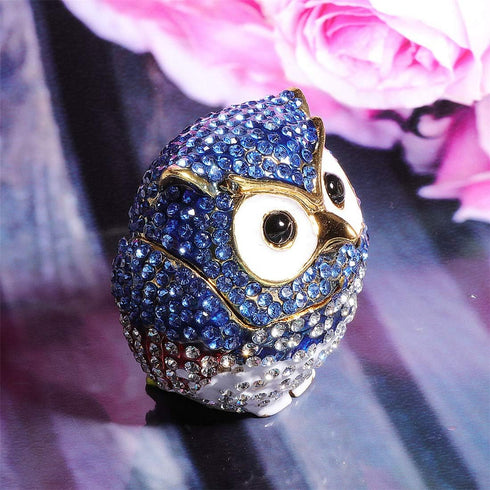 Waltz&F Diamond Light Blue Owl TrinketBox Hinged Hand-painted Figurine Collectible Ring Holder...