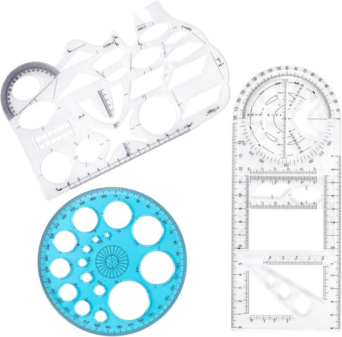 3pcs Multifunctional Geometric Ruler+ 1pc Circle Templates Protractor Plastic Mathematics Drawing Ruler for Student School Office Supplies and Bui...