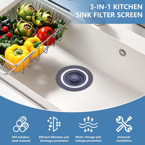 Kitchen Sink Drain Strainer, 3-in-1 304 Stainless Steel Sink Drain Stopper with Strainer Basket, Pop Up Anti-Clogging Odor Filter for 3-1/2 Inch S...
