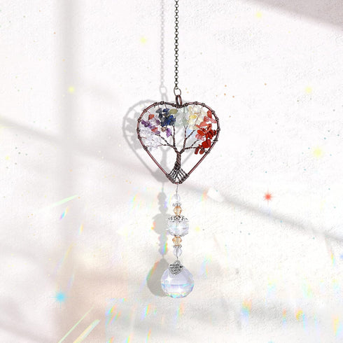 Rainbow Crystal Sun Catcher, Tree of Life Suncatchers Heart Shaped Hanging Ornament Chakra Stones Window Crystal Ball Prism Pendant Garden Home Ca...