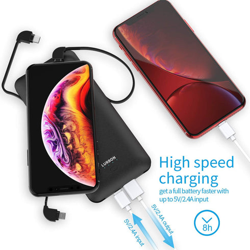10000 mAh Portable Charger Power Bank,Slim External Battery Pack with Built in AC Wall Plug, USB C Cable Total 3 Different Cables Compatible with ...