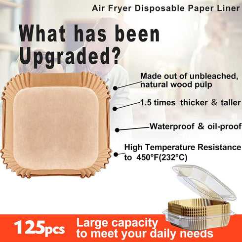 Air Fryer Disposable Paper Liner Square 9 Inch, 125 Pcs Large Paper Liners for 6-10QT Air fryer, Non-stick Parchment Paper for Frying, Baking, Coo...