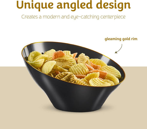 PLASTICPRO Angled Plastic Bowls Disposable Medium Plastic Black Serving Bowls with Gold Rim for Party for Appetizer Salads Pack of 4...