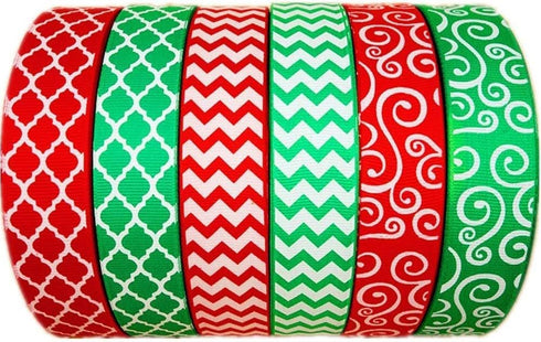 Christmas Ribbon 30 Yards(6 X 5yds) 1 Inch Red Green Grosgrain Ribbon Chevron Swirl Quatrefoil Printed...