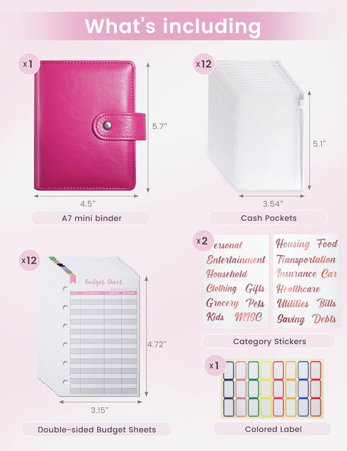 Zreal A7 Budget Binder with 12 Cash Envelopes, Money Organizer for Cash, Hot Pink Mini Binder Wallet for Cash Stuffing Binder, Money Saving Book, ...