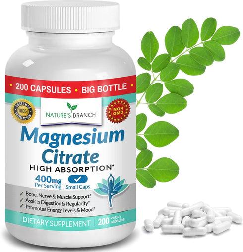 Magnesium Citrate 400mg - 200 Capsules - High Potency for Sleep, Leg Cramps, Extra Strength Absorption, Easy to Swallow Pills for Women & Men, Veg...