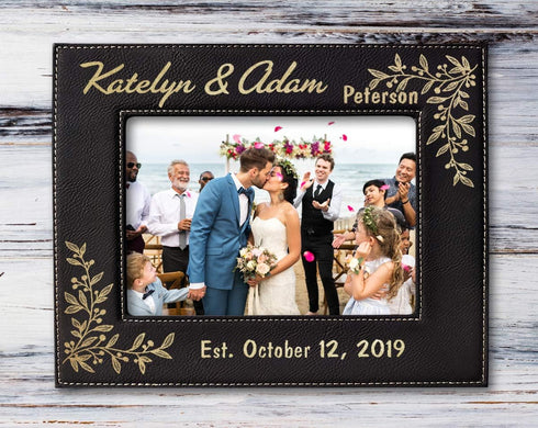 Personalized Newlywed Couples 7x5 Leather Picture Frame Engraved Women Mens Wedding Anniversary Husband Wife...