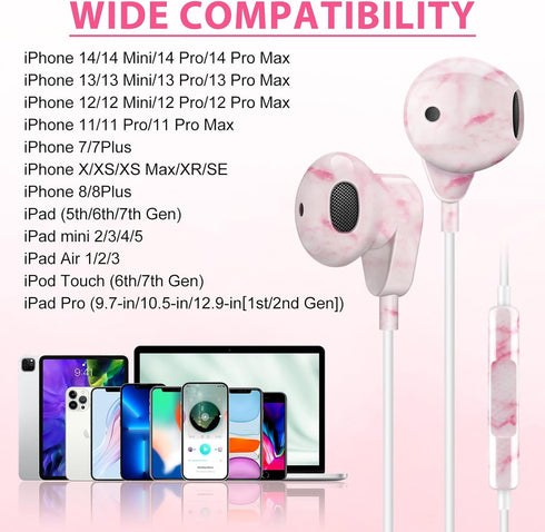 Wired Headphones for iPhone 13/13 mini / 13 Pro/13 Pro max?wired iPhone earphones with microphone,Headphones for School/Travel/Tablet, Pink marble...