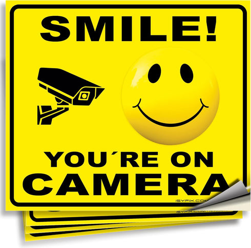 iSYFIX Smile You're On Camera Stickers for Home - 4 Pack 7x6 Inch - Decals for Inside the Window or Glass, UV, Weather, Scratch, Fade Resistance, ...