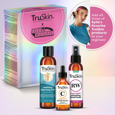 TruSkin x Kylie Skincare Gift Set – With Vitamin C Face Serum 1 fl oz, Soothing Cleansing Milk 4.2 fl oz and Rose Water Spray for Face 4 fl oz – E...