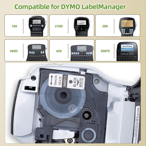 A45013 D1 Label Tape S0720530 Replace for Dymo Label Maker Refills d1 45013, 1/2 in x 23 Ft Black on White Compatible with DYMO LabelManager 160 2...