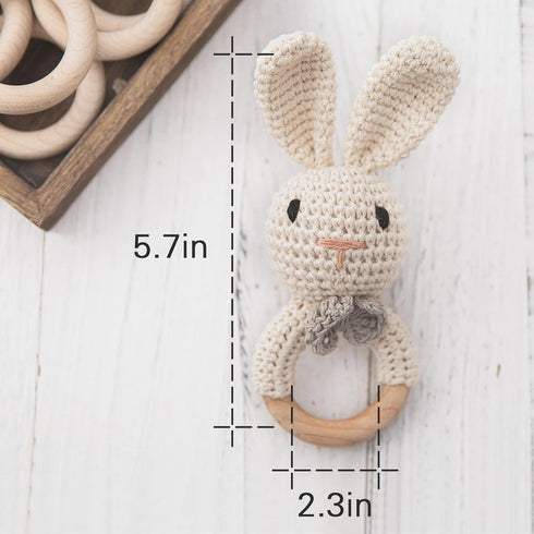 Youuys Wooden Baby Rattle Toys, Easter Bunny Rattle for Baby Crochet Bunny Rattle Toy Natural Wood, Shaker Rattle for Hand Grips, Boy Girl First R...