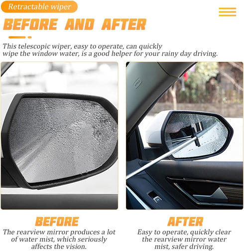 Car Side Mirror Squeegee, Rearview Mirror Wiper with Telescopic Long Handle, Retractable Small Auto Window Squeegee Cleaner, Portable Glass Cleani...