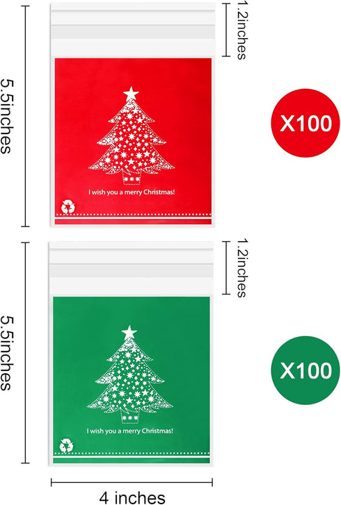 200 Pieces Christmas Treat Bags Clear Self-adhesive Candy Bags Cellophane Plastic Cookie Bags for Party Favors Christmas Decoration (Christmas Tre...