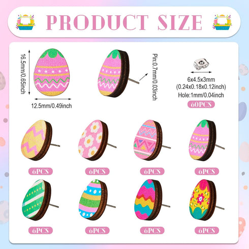 Beadthoven 24 Pairs Easter Egg Wooden Stud Earring Set Natural Wooden Earring Posts with Earrings Backs Colorful Printed Small Stud Earrings Pins ...