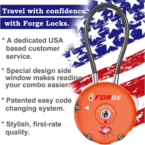 Forge Quality TSA Approved Luggage Locks for Travel Accessories, Suitcase, Pelican case, Set Your own Combination, Zinc Alloy Body-Cable Locks Ora...