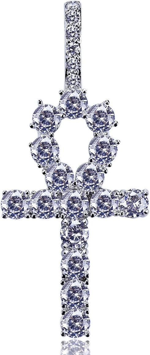 JINAO Silver Plated Iced Out Egyptian Ankh Cross Simulated Diamond Pendant Necklace with Stainless Rope Chain...